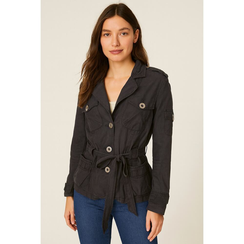 MEXX sz 10 black moto cargo grunge tie waist jacket button front EUC chic black